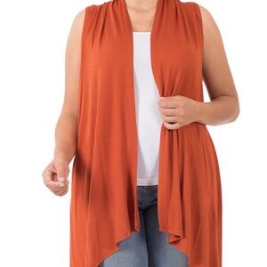 Zenana Sleeveless Draped Open Front Cardigan Size 3X Copper Orange